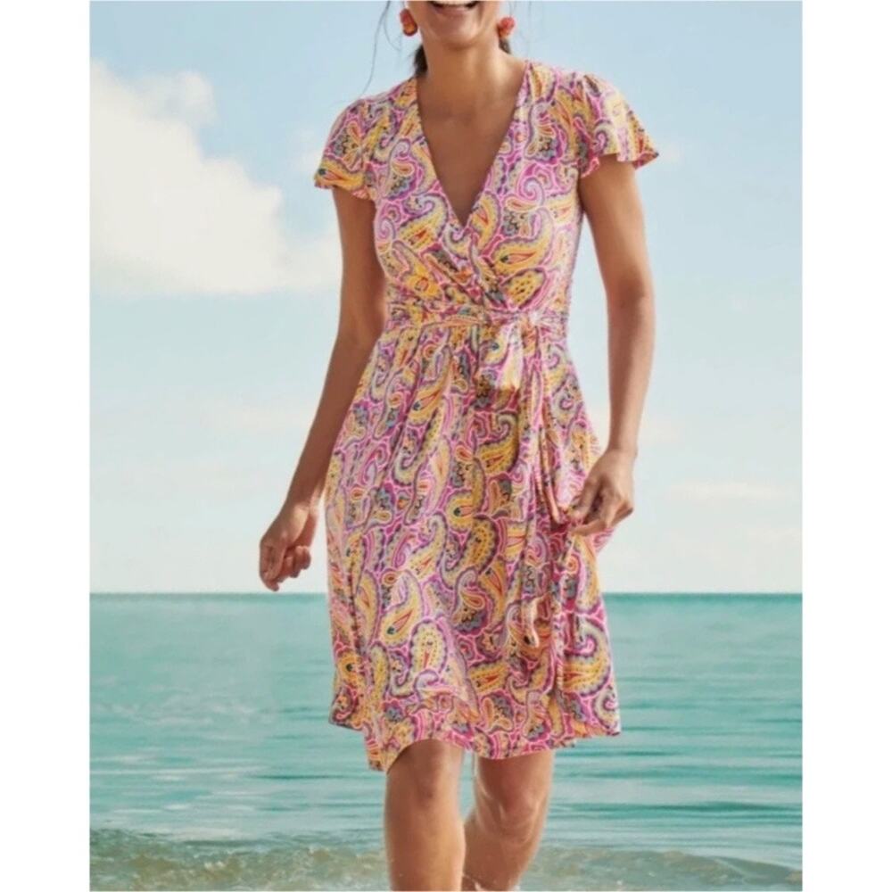 BODEN Evangeline Paisley Jersey Faux-Wrap Tie Dress In Party Pink/Yellow Size 8